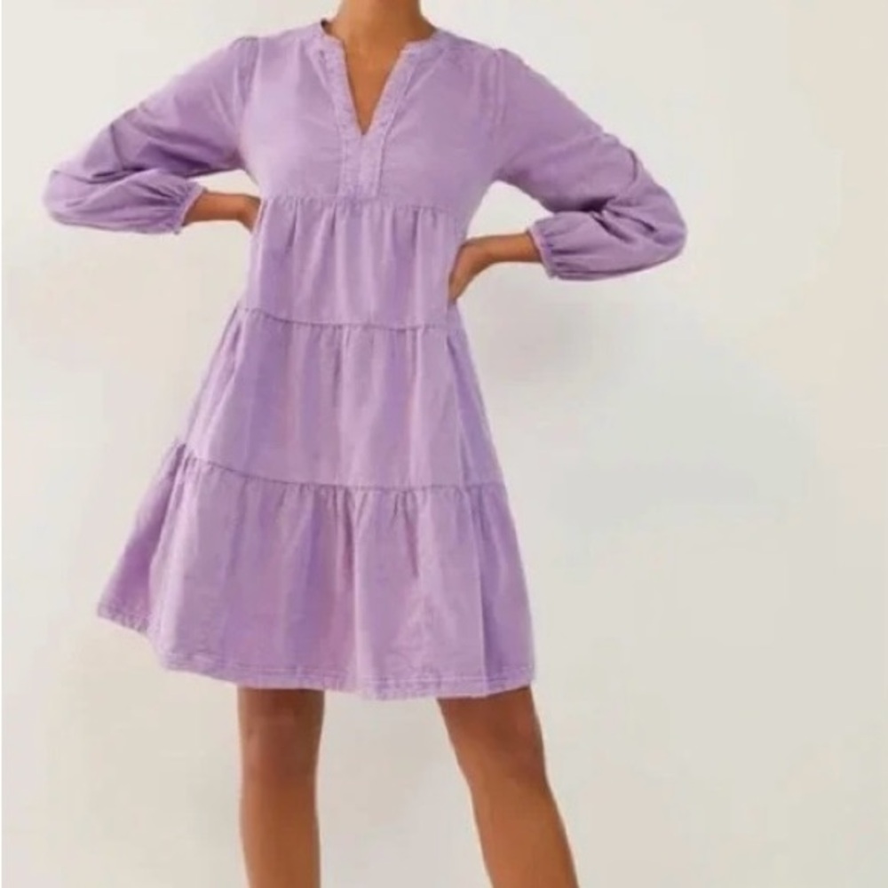 Anthropologie Pilcro Harper Lilac Corduroy V Puff Long Pocket Dress Size XS